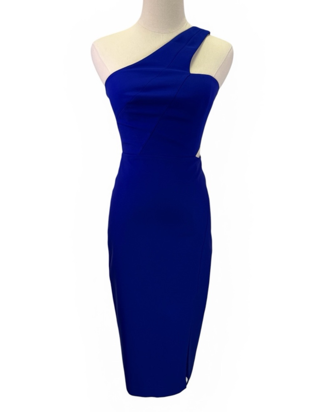 Aidan Mattox Women's One Shoulder Crepe Midi Side Slit Royal‎ Blue Dress Size 0